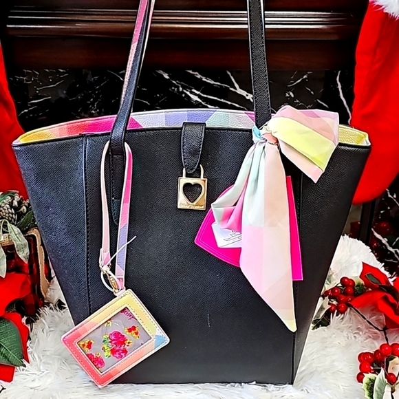 NWT BLACK w/MULTI COLORED ACCENTS BETSEY JOHNSON SHOULDER BAG w/SCARF - Picture 1 of 7